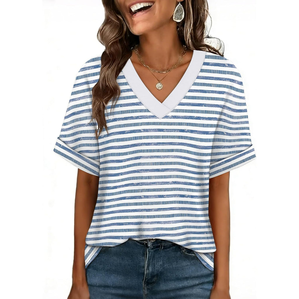 WIHOLL Womens Oversized V Neck Tshirts Plus Size Summer Tops 2026 Short Rolled Sleeve Shirts Dressy Casual Blouses S-4XL
