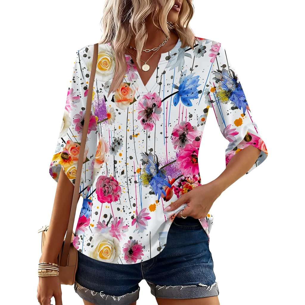 Women's Flowy V-Neck Tunic Top White Colorful Floral