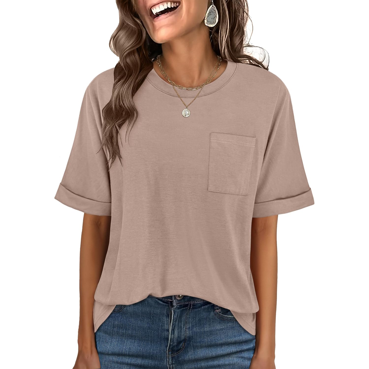 ANRABESS Women Oversized T Shirts Short Sleeve Summer Casual Loose Top Basic Tee with Pocket