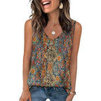 Women's Eyelet V-Neck Tank Top Orange Ethnic Floral