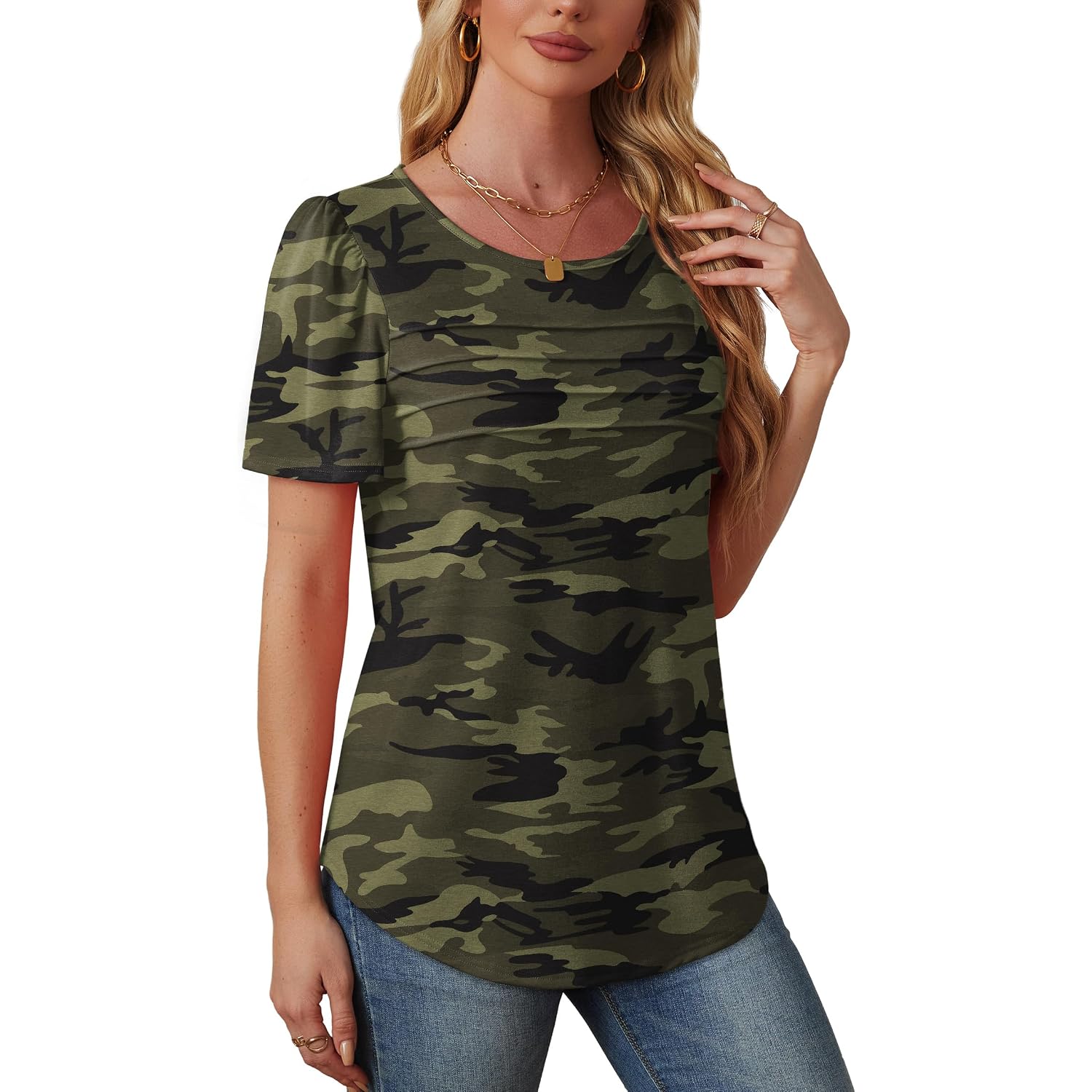 OFEEFAN Womens T Shirts Short Sleeve Tops Dressy Casual Blouses Spring Summer Outfits Flowy Pleated Front Scooped Neck