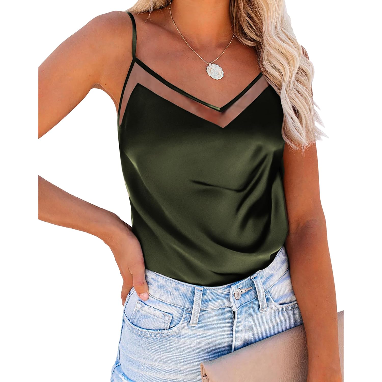 Women's Mesh V-Neck Tank Top Army Green