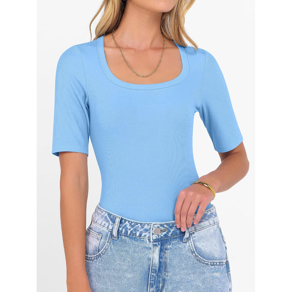 ANRABESS Womens Half Sleeve Tops Scoop Neck Ribbed Knit Slim Fitted Basic Tee Shirts Summer 2026 Trendy Spring Casual Clothes