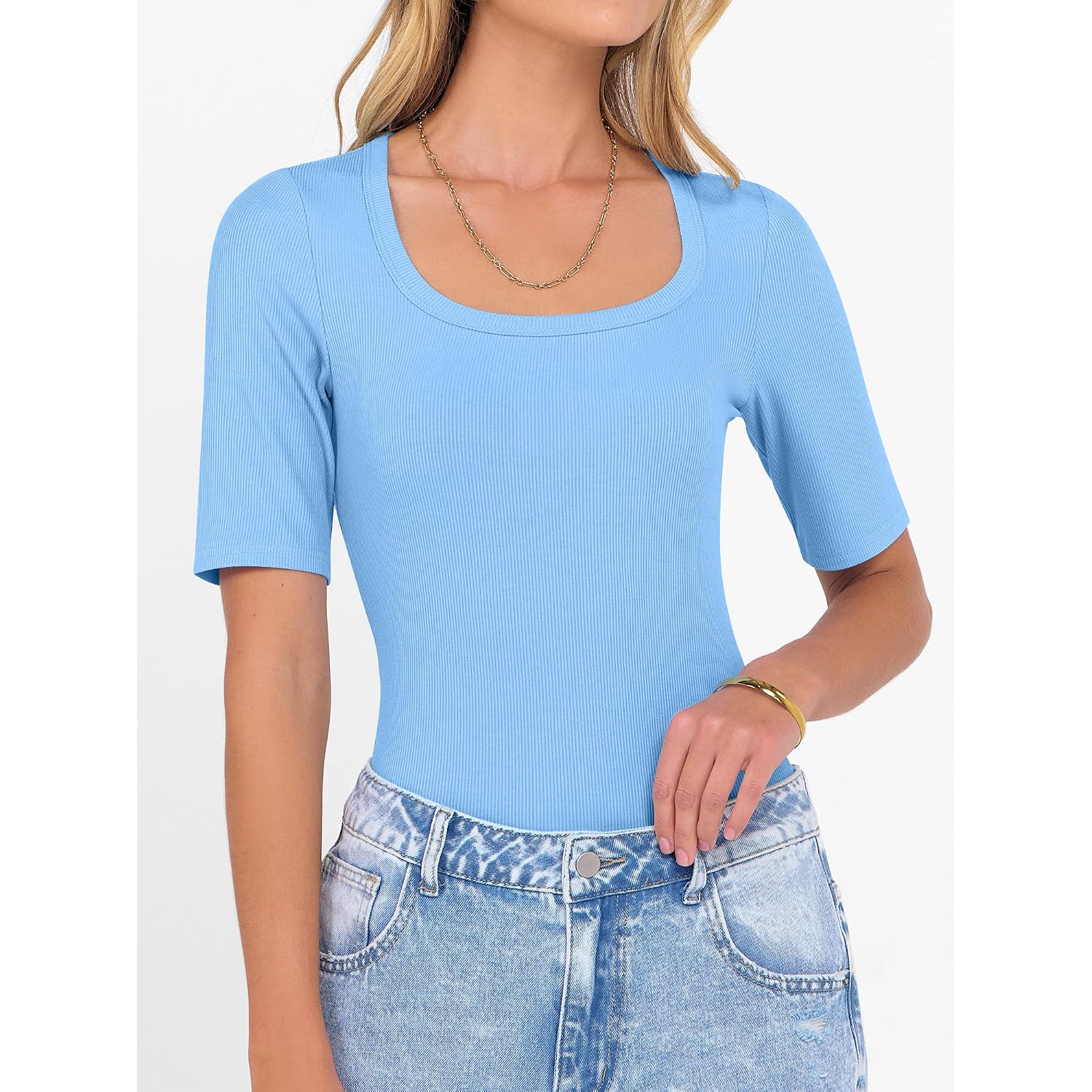 ANRABESS Womens Half Sleeve Tops Scoop Neck Ribbed Knit Slim Fitted Basic Tee Shirts Summer 2026 Trendy Spring Casual Clothes