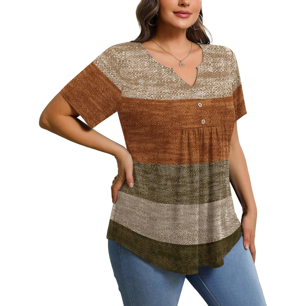 Women's Button-Up Pleated V-Neck Tunic Top Multicolor Block