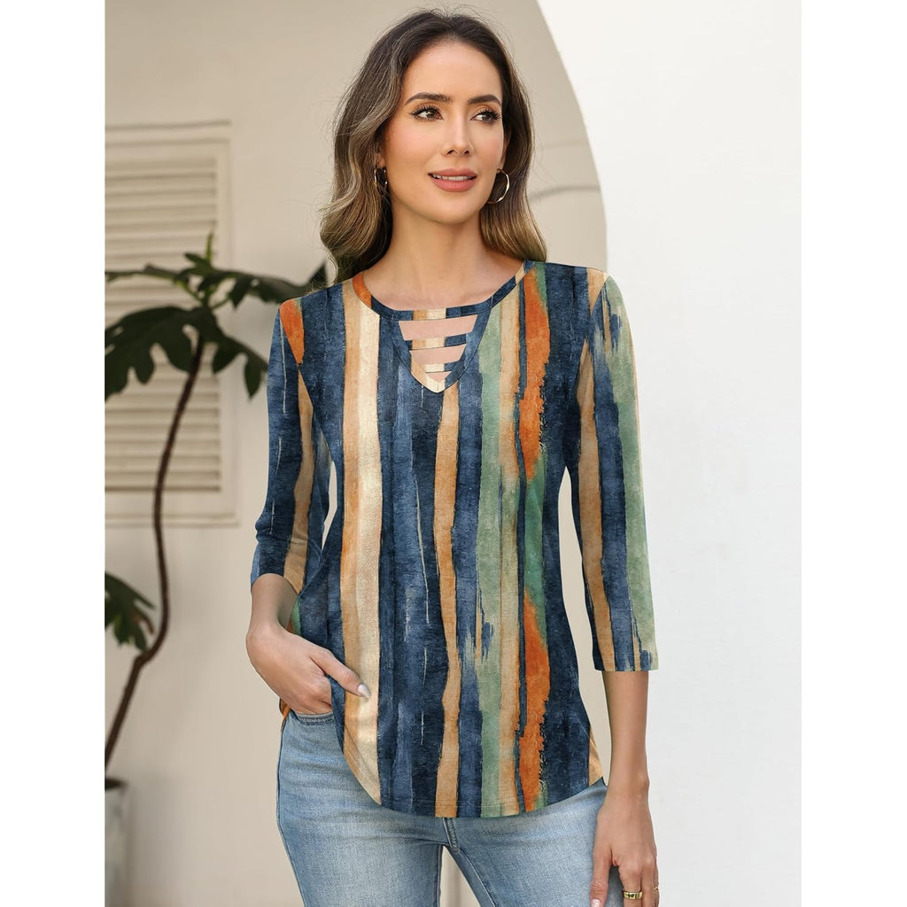 Women's Hollow Out Crew Neck Tunic Top Retro Stripes