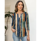 Women's Hollow Out Crew Neck Tunic Top Retro Stripes