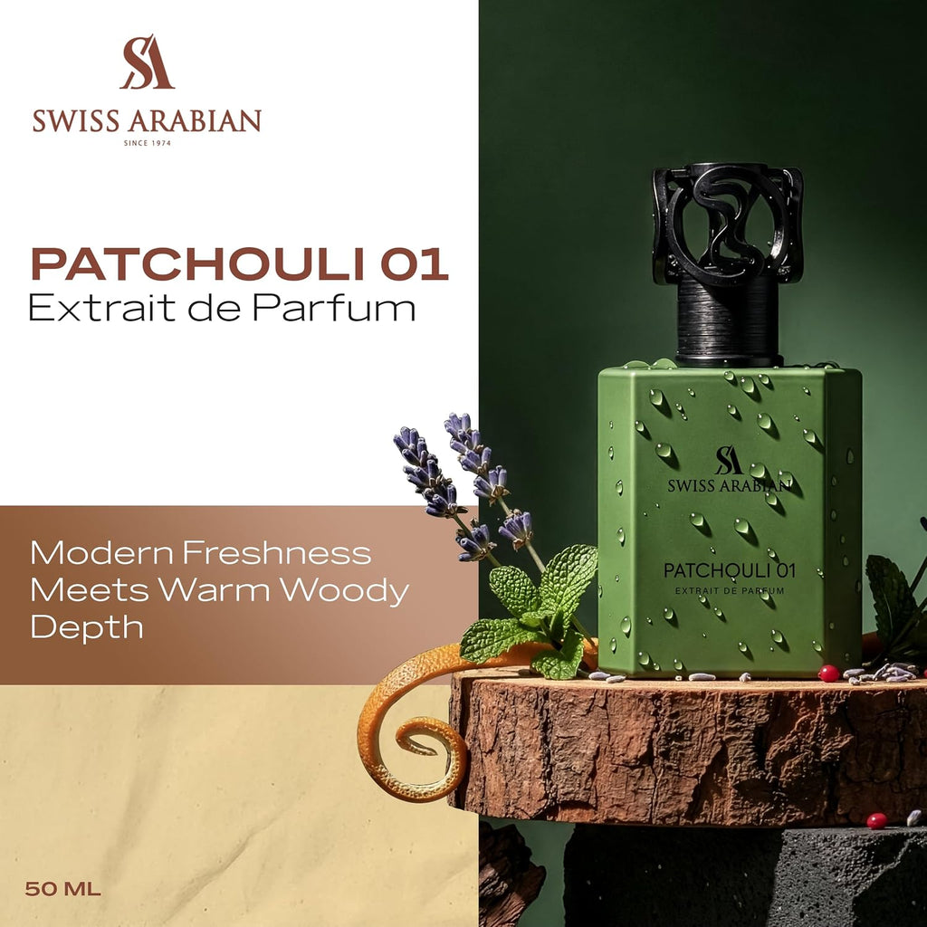 Swiss Arabian Patchouli 01 Patchouli Cologne for Men & Women – Long Lasting Modern Fougere Eau de Parfum, Lavender Mint Aromatic Notes | Heritage Collection Unisex Arabic Fragrance 50ml