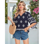 Women's Floral Boho V-Neck Tunic Top Navy Blue