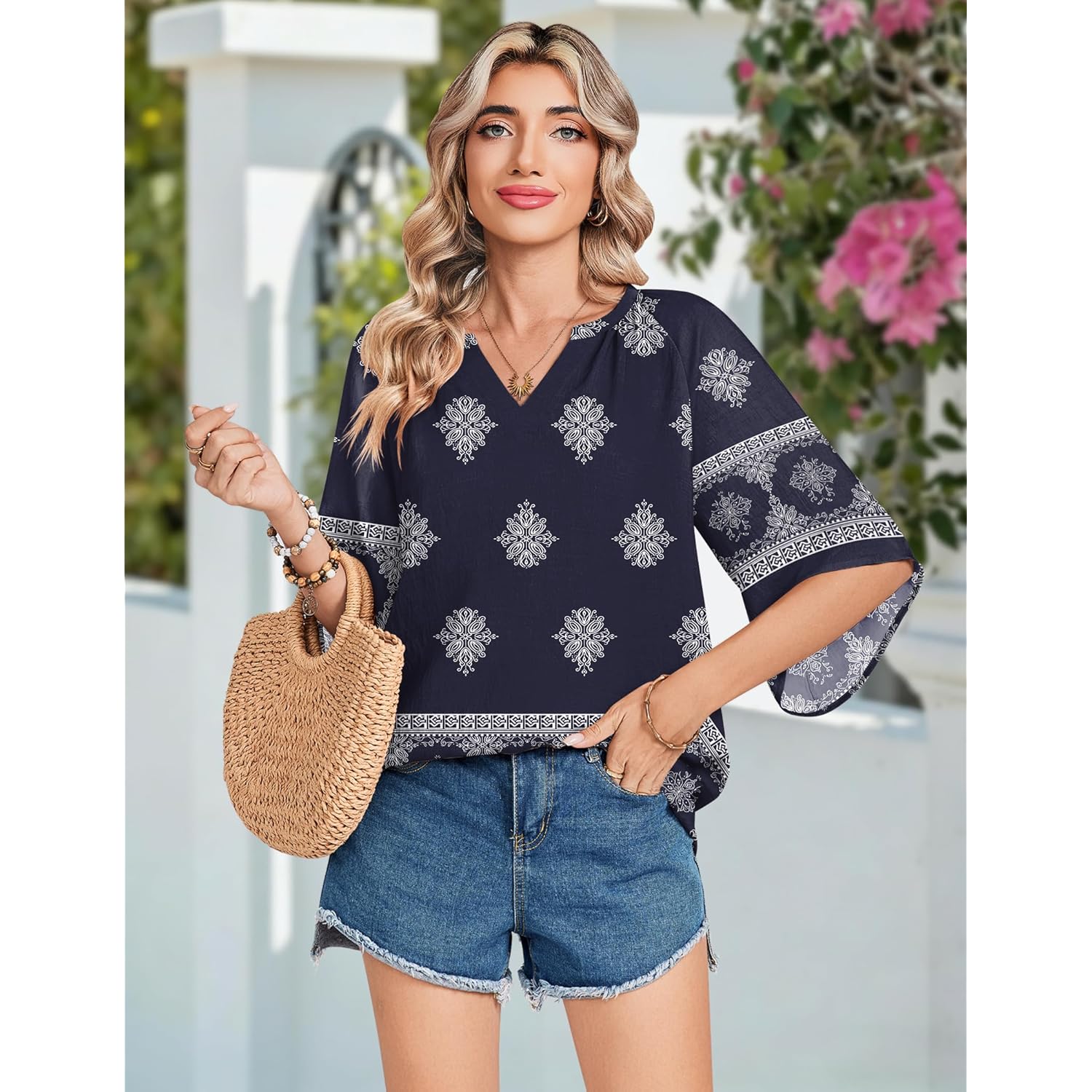 Women's Floral Boho V-Neck Tunic Top Navy Blue