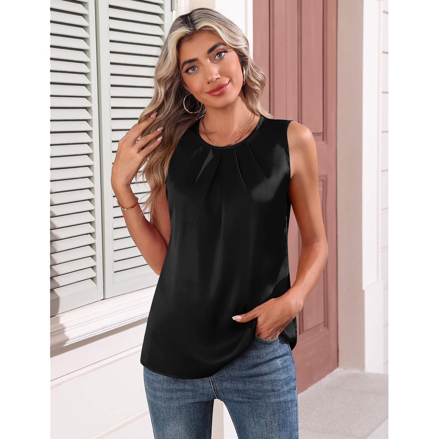 Women's Pleated Satin Crew Neck Tank Top Black