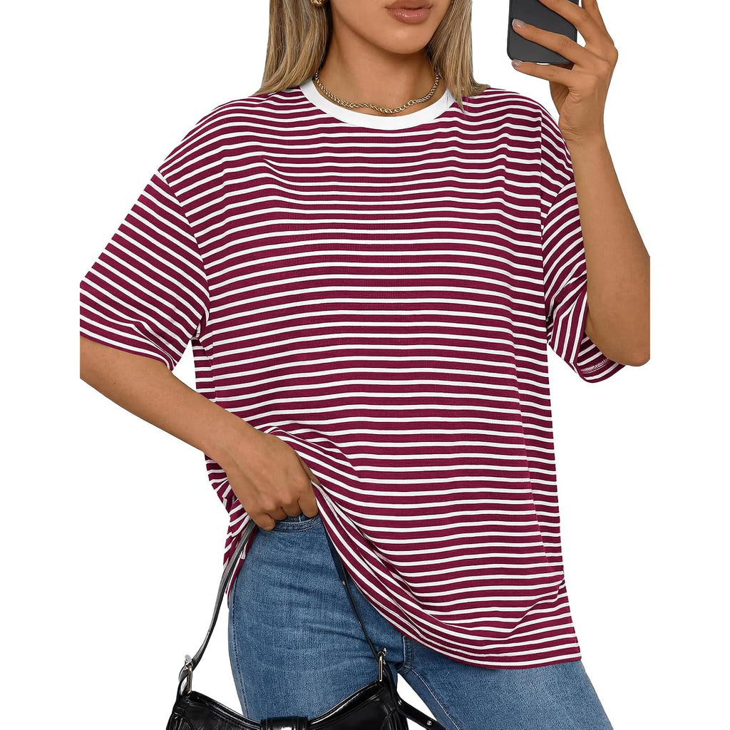 PRETTYGARDEN Women Short Sleeve Crewneck Ribbed Knit Oversized Tshirts 2026 Striped Summer Tops Basic Tee Casual Outfits