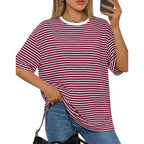 PRETTYGARDEN Women Short Sleeve Crewneck Ribbed Knit Oversized Tshirts 2026 Striped Summer Tops Basic Tee Casual Outfits