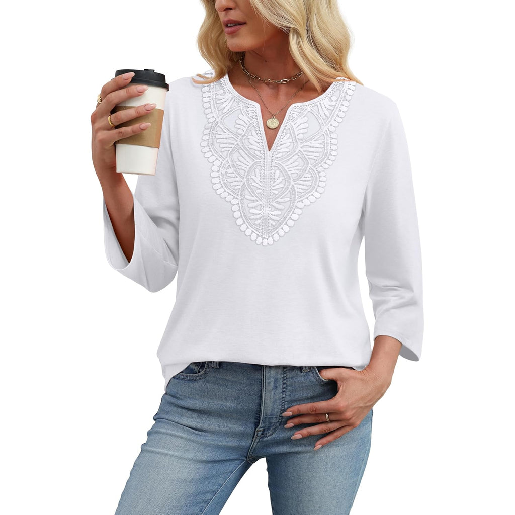 Women's Boho Lace V-Neck Tunic Top White