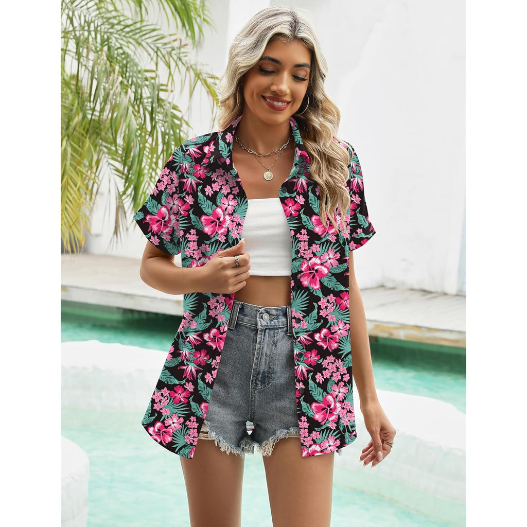 Women's Tropical Floral  Button Down Shirt Black Floral