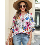 Women's Flowy V-Neck Tunic Top White Colorful Floral