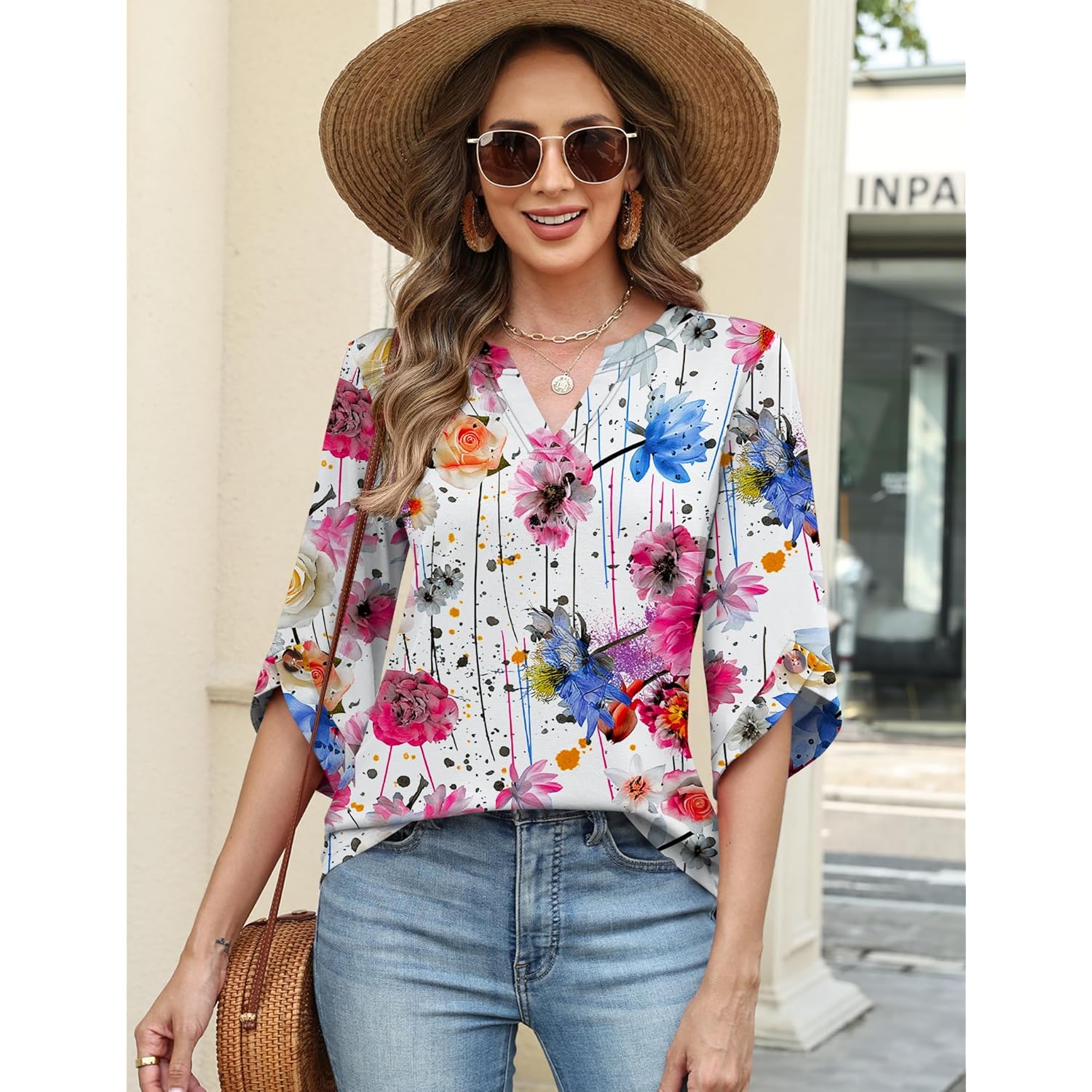 Women's Flowy V-Neck Tunic Top White Colorful Floral