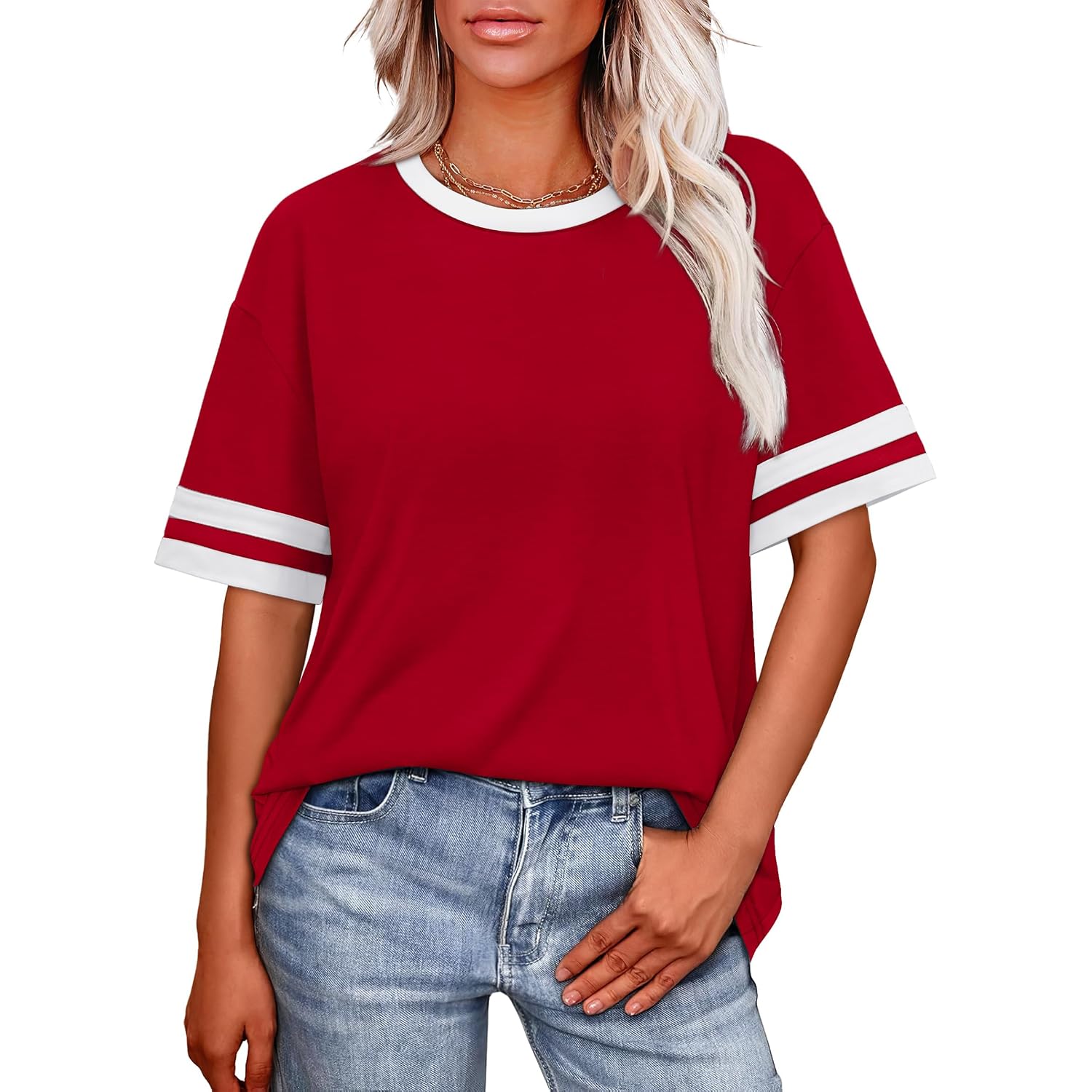 WIHOLL Womens T Shirts Loose Fit Short Sleeve Tees Crew Neck Color Block Summer Tops 2026 Fashion