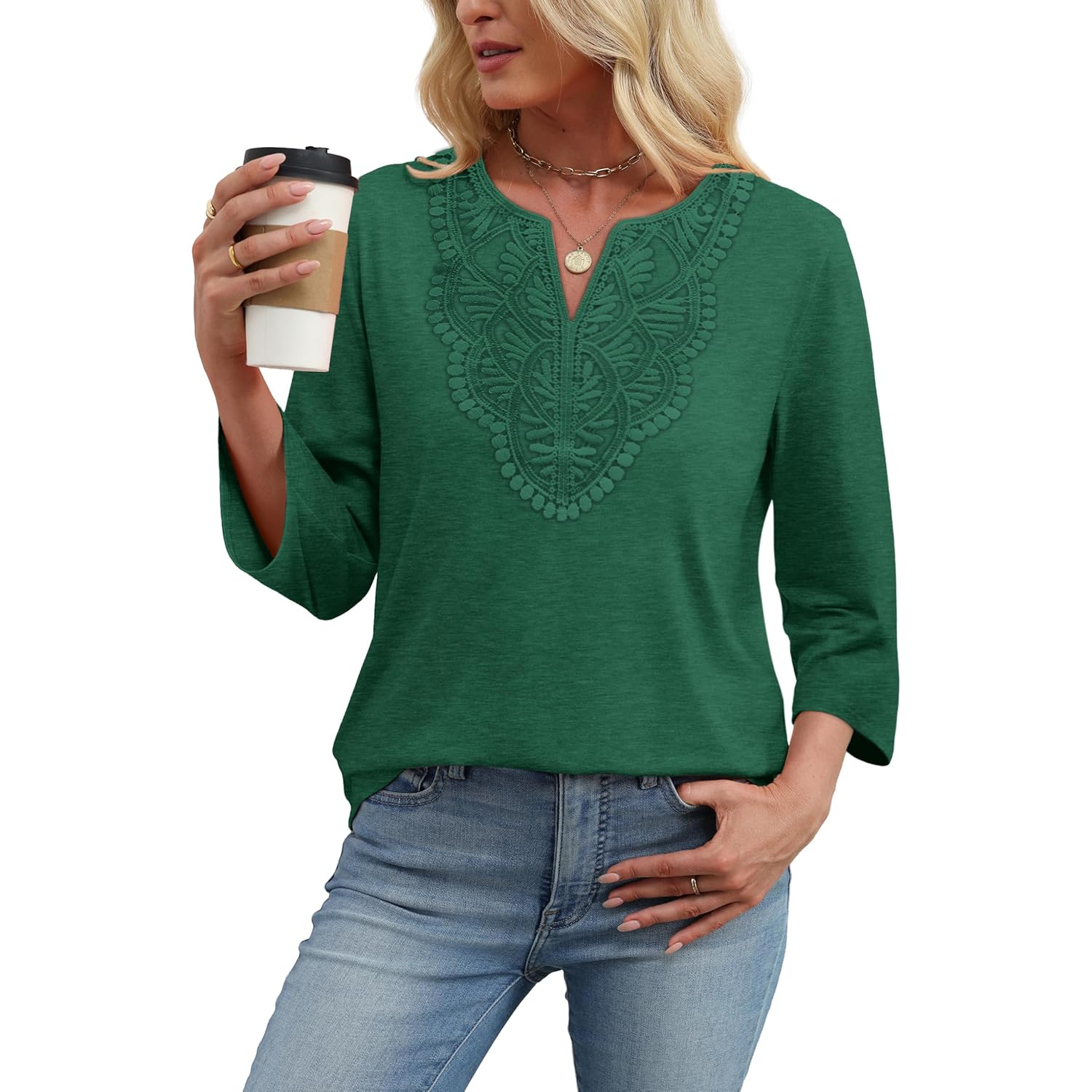 Women's Boho Lace V-Neck Tunic Top Light/Dark Green