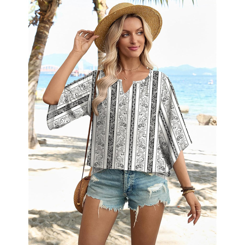 Women's Boho V-Neck Tunic Top Multicolor Black