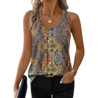 Women's Eyelet V-Neck Tank Top Orange Ethnic Floral