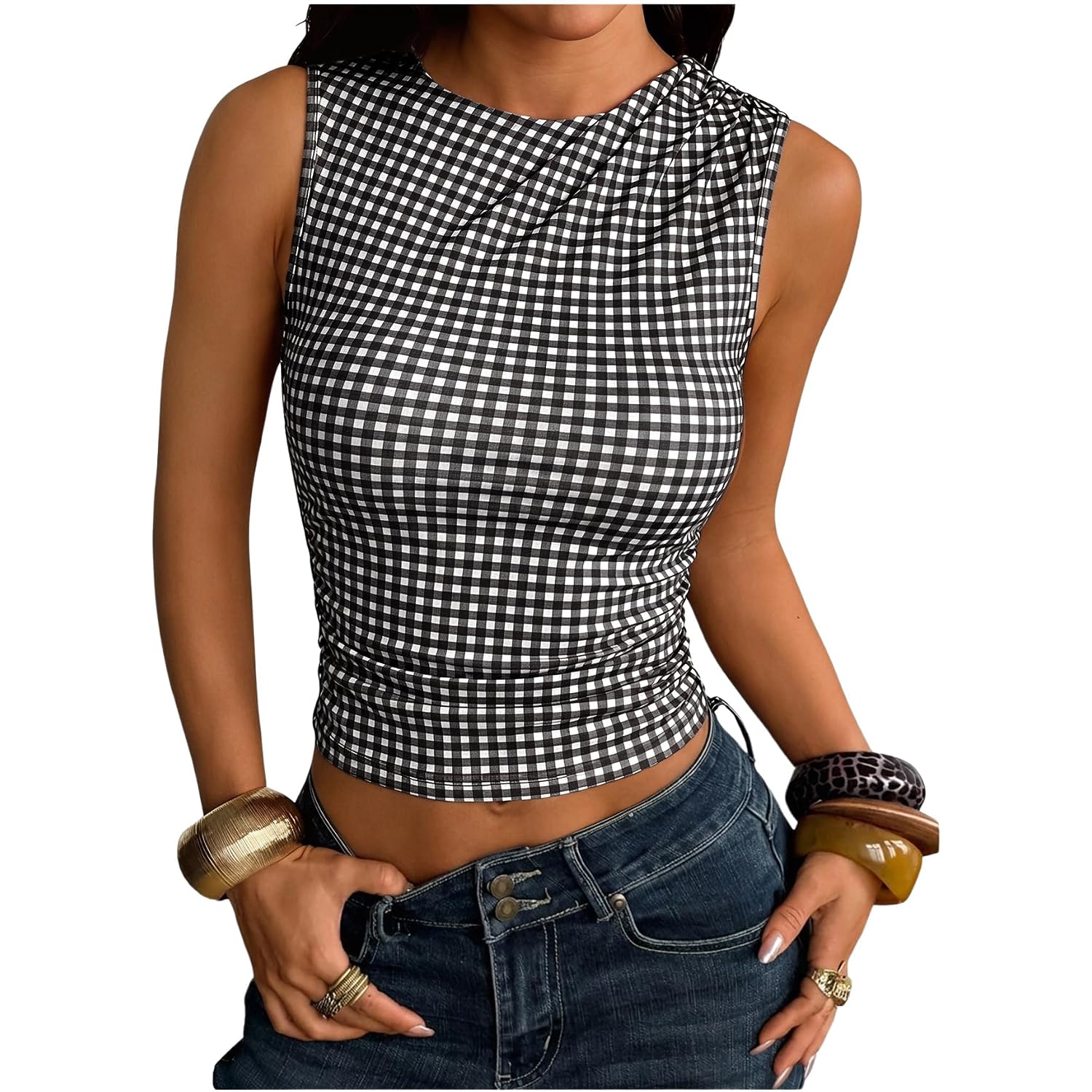 Milumia Women's Gingham Top Sleeveless Ruched Fitted Tank Tops Going Out Y2k Coquette Clothes