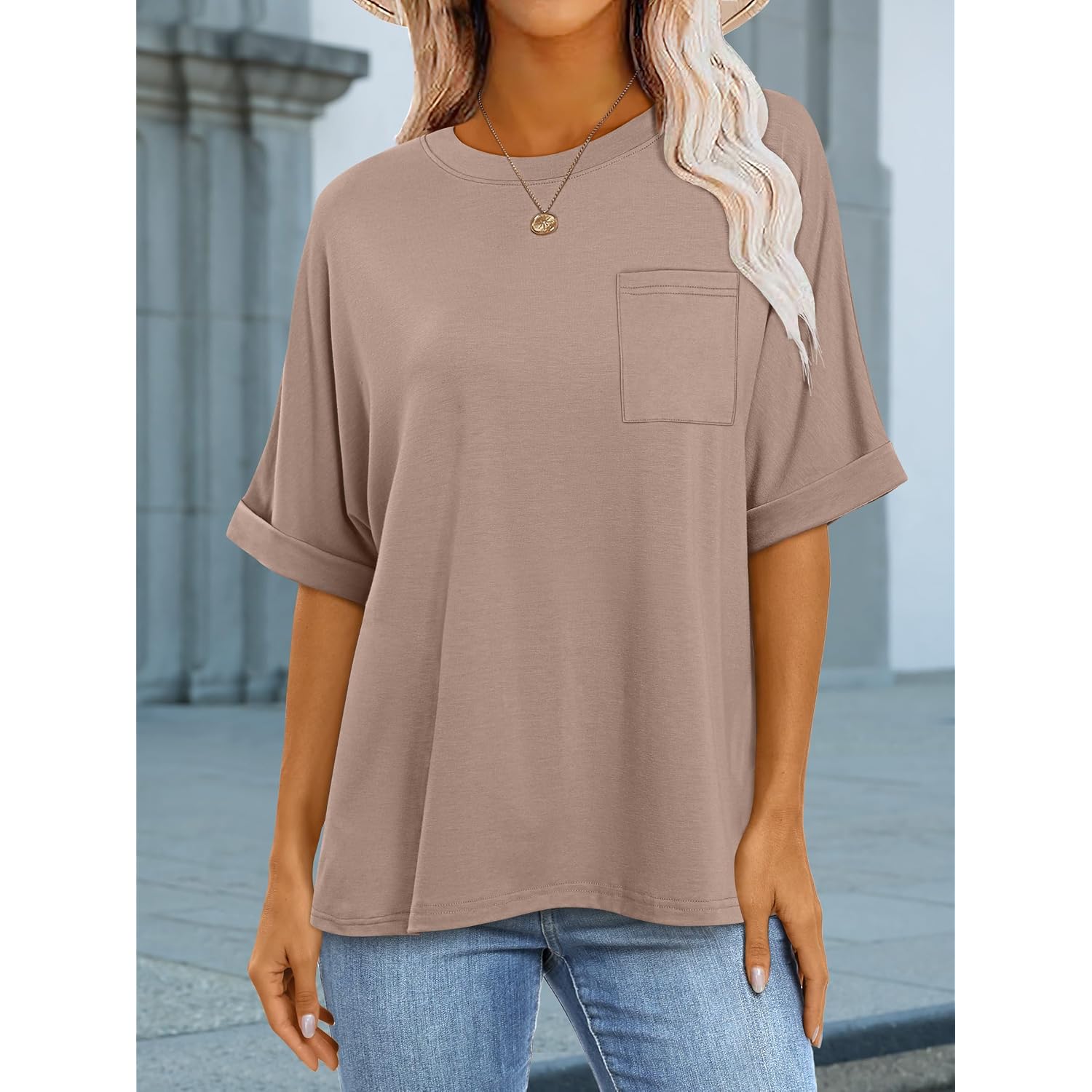 ANRABESS Women Oversized T Shirts Short Sleeve Summer Casual Loose Top Basic Tee with Pocket