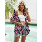 Women's Tropical Floral  Button Down Shirt Black Floral