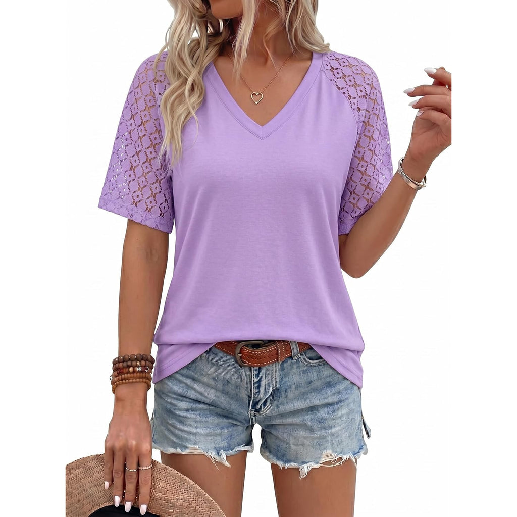 Dokotoo Womens Summer Short Sleeve Shirts Dressy Lace Tops 2026 Casual T-Shirts Cute Work Outfits Blouses