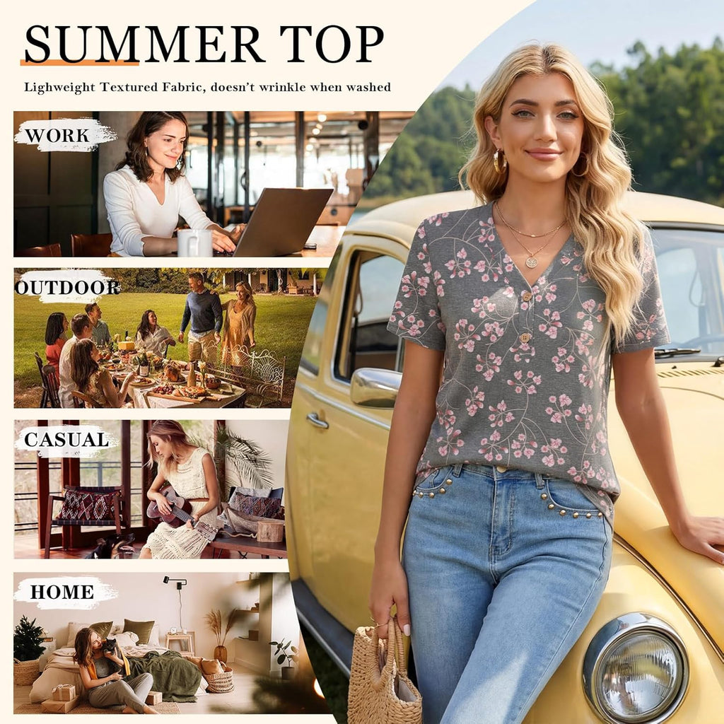 Women's Button-Up Henley Tunic Top Black Gypsophila Floral