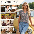 Women's Button-Up Henley Tunic Top Black Gypsophila Floral