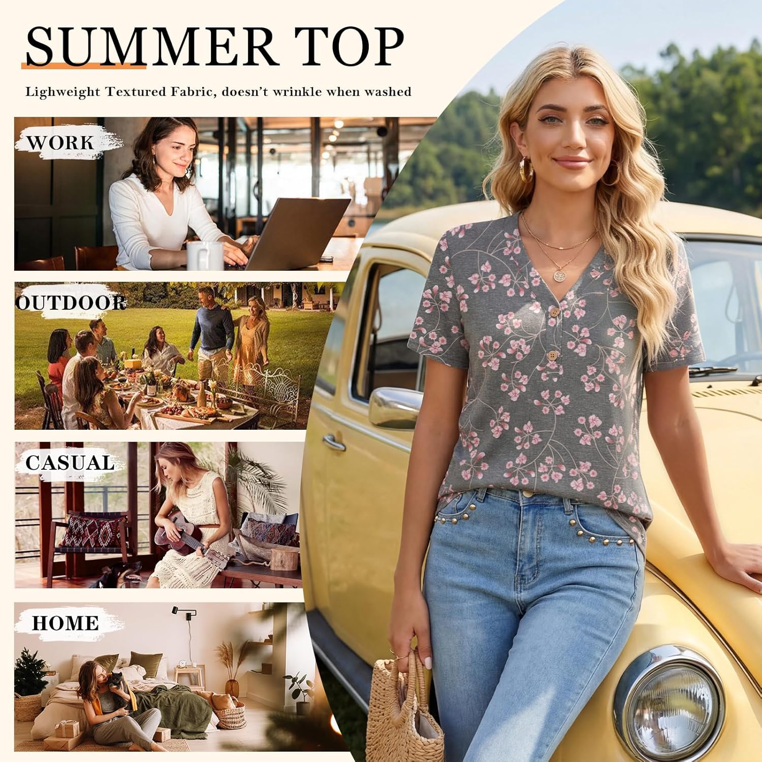 Women's Button-Up Henley Tunic Top Black Gypsophila Floral