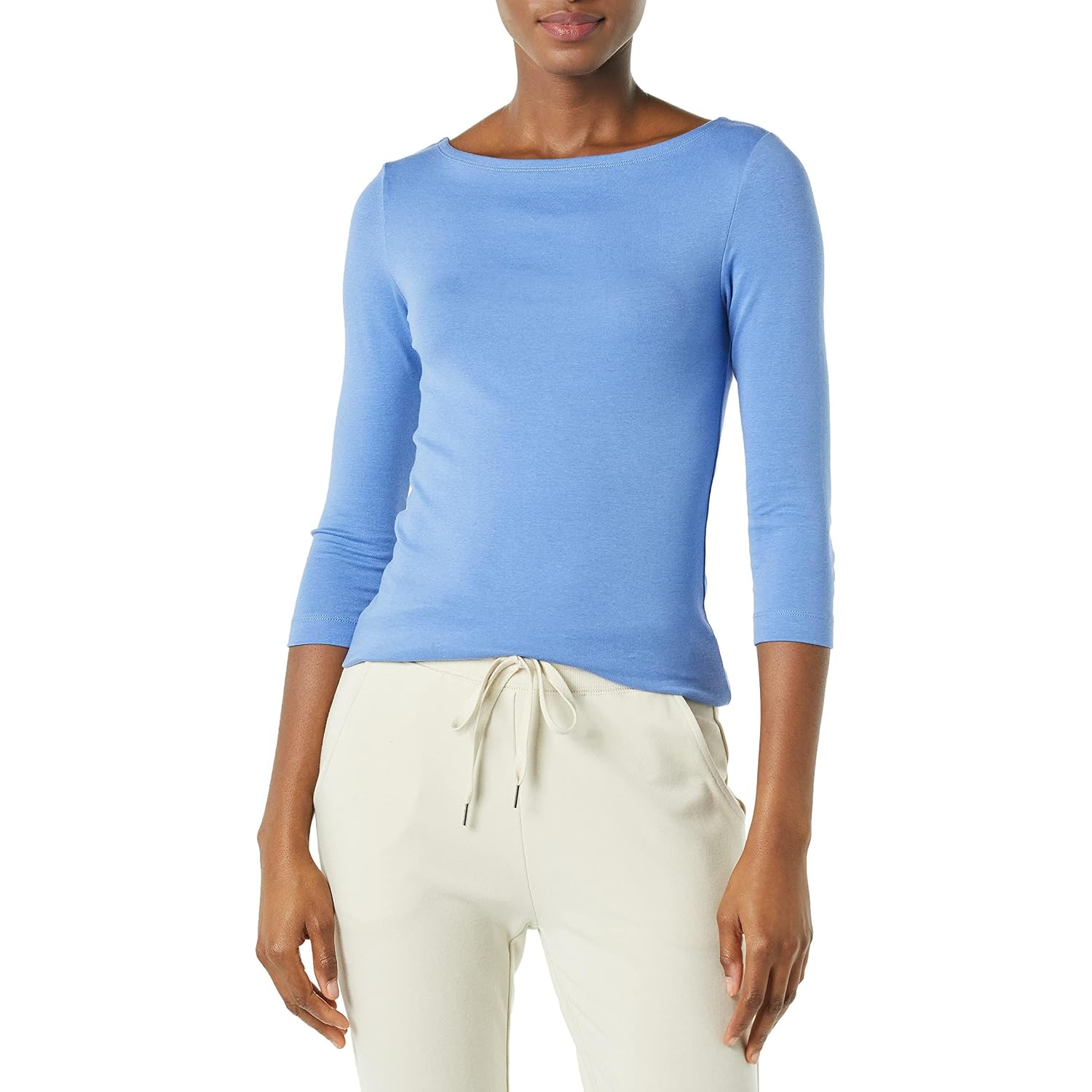 Amazon Essentials Women's Slim-Fit 3/4 Sleeve Boat Neck Cotton Modal Micro Rib T-Shirt