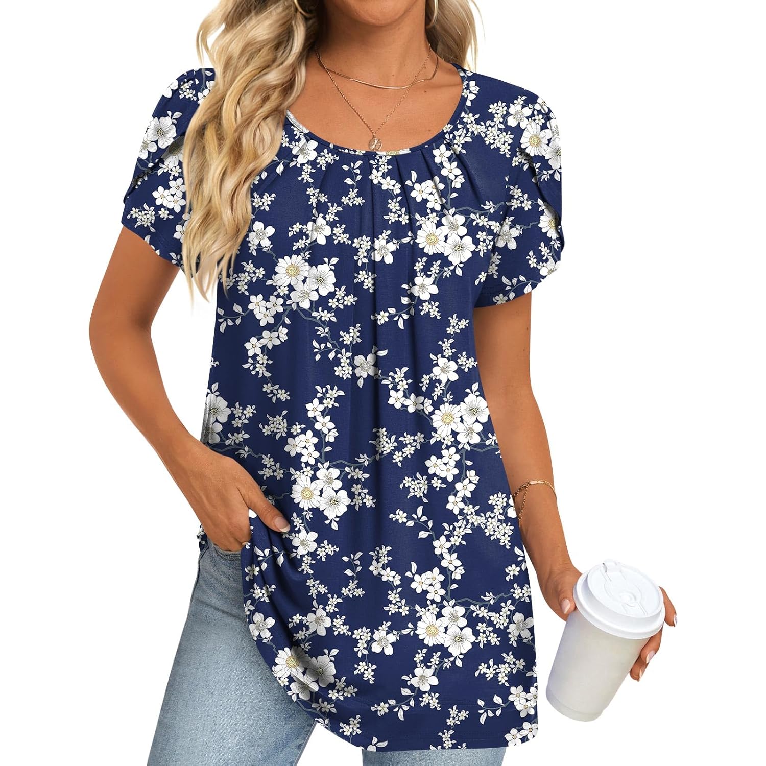 Women's Pleated Leggings Fit Tunic Top White Floret