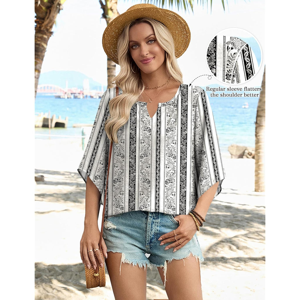 Women's Boho V-Neck Tunic Top Multicolor Black