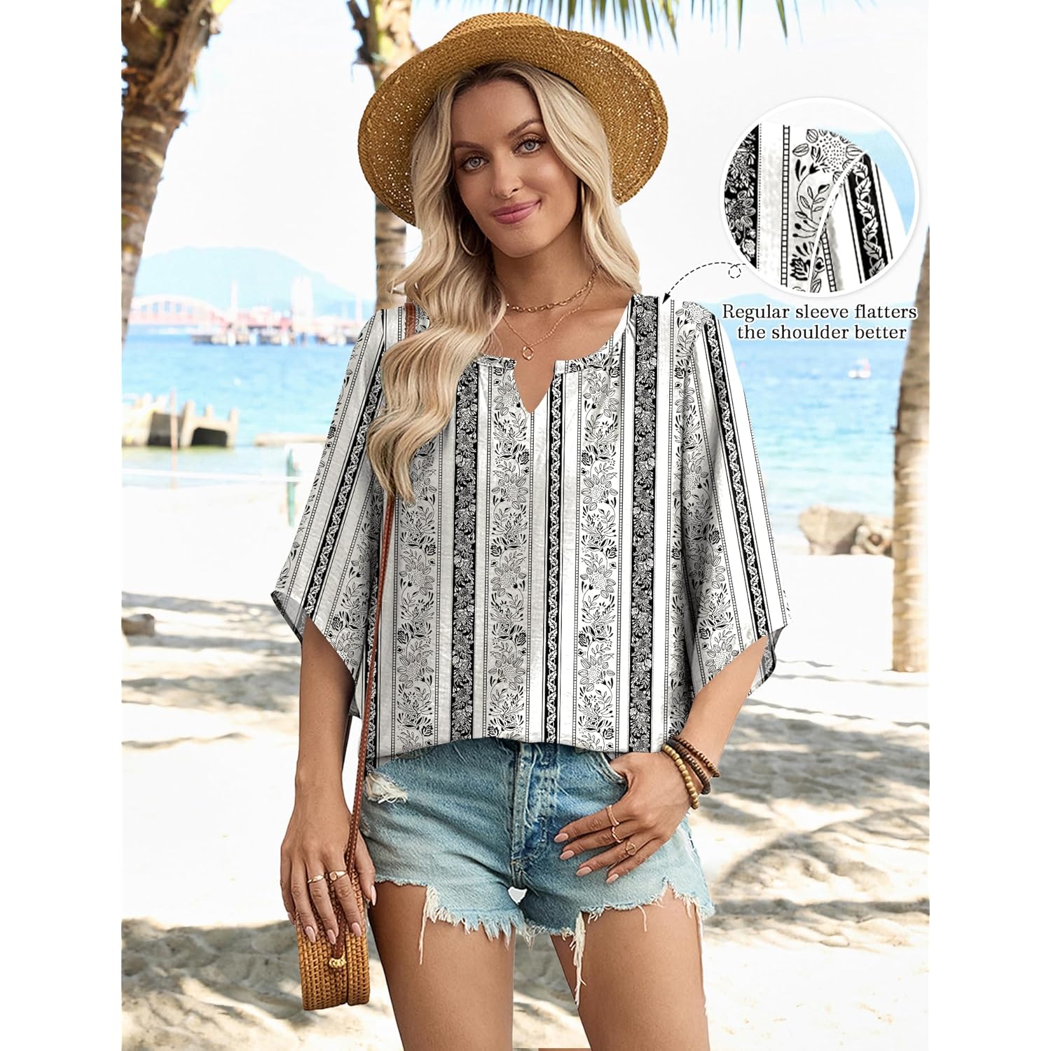 Women's Boho V-Neck Tunic Top Multicolor Black