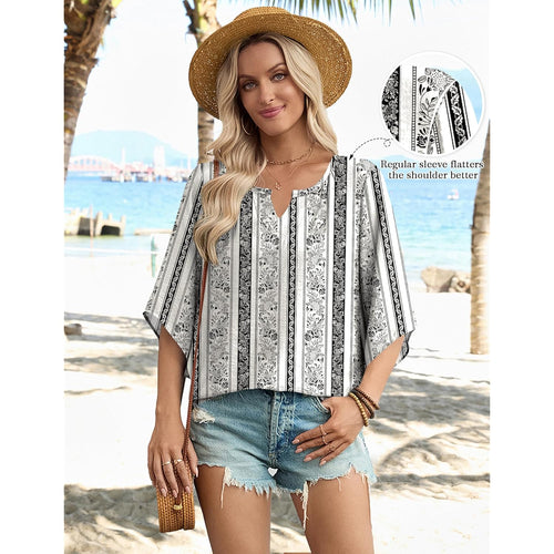 Women's Boho V-Neck Tunic Top Multicolor Black