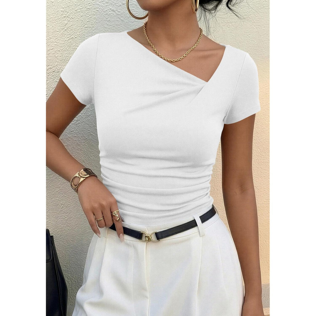 Women's Asymmetrical Ribbed T-Shirt Light Blue Butterfly
