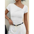 Women's Asymmetrical Ribbed T-Shirt Light Blue Butterfly