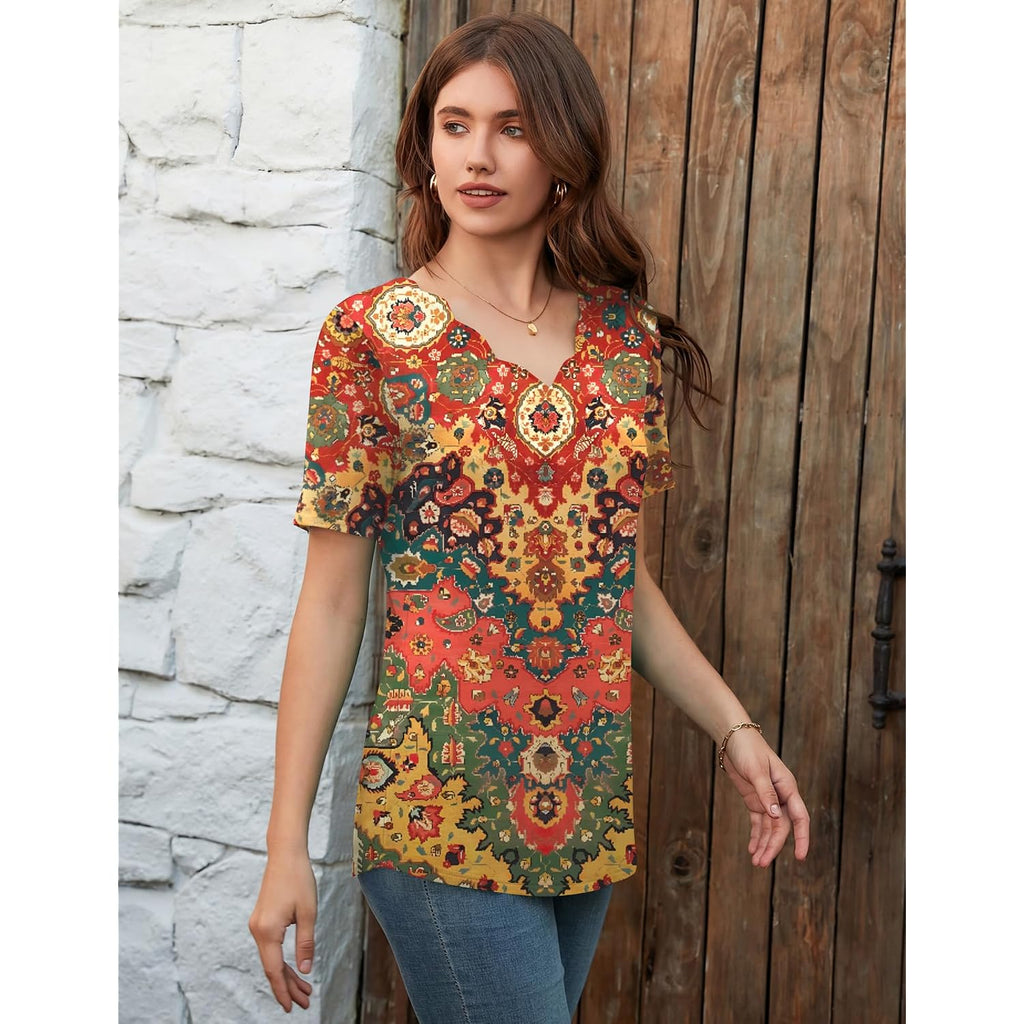 LOMON Womens Summer Tops V Neck Short Sleeve Shirts Dressy Casual Tunic Blouses Spring Fashion