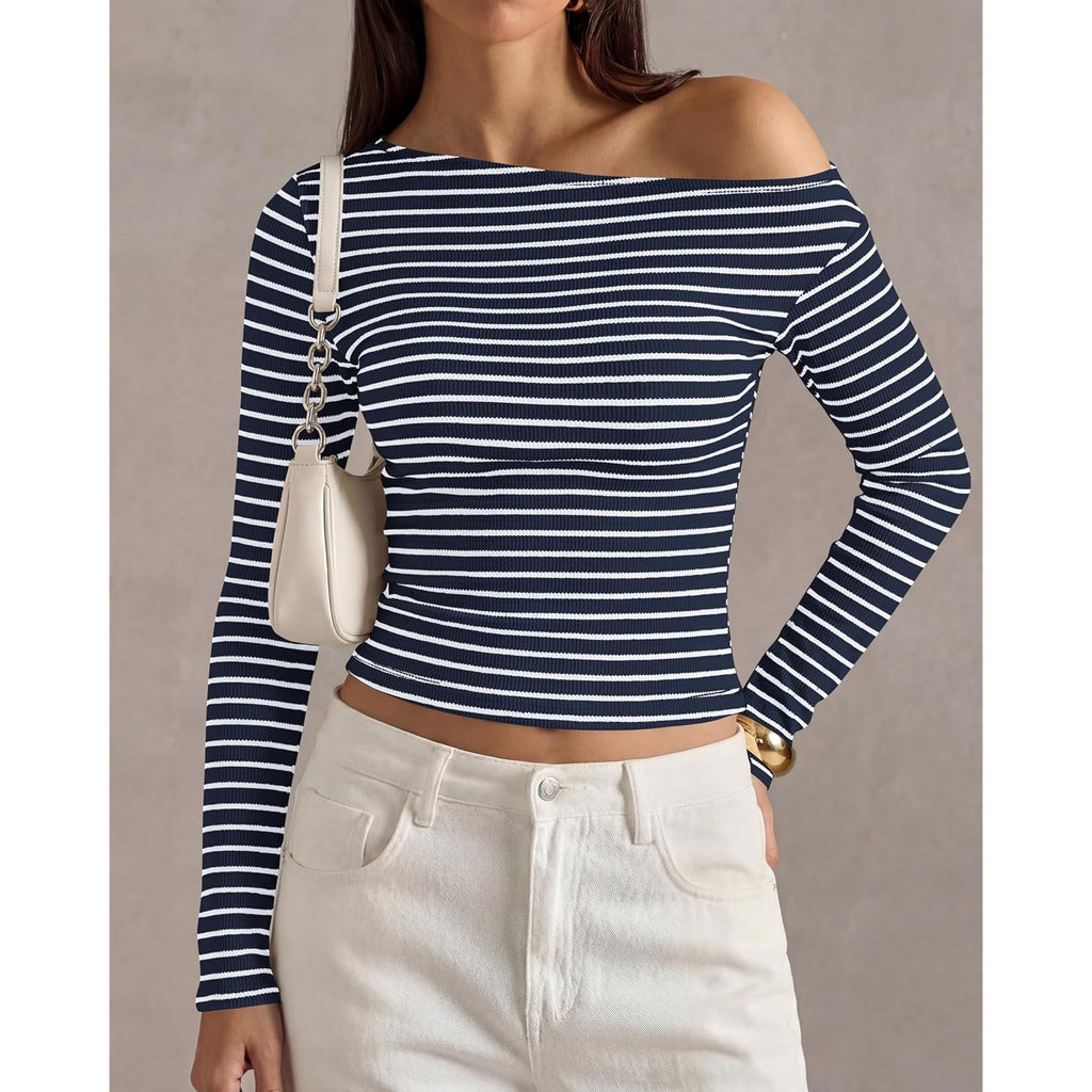 PRETTYGARDEN Womens Tops 2026 Fall Off The Shoulder Long Sleeve Shirts Striped Fitted Y2K T-Shirt Going Out Crop Top