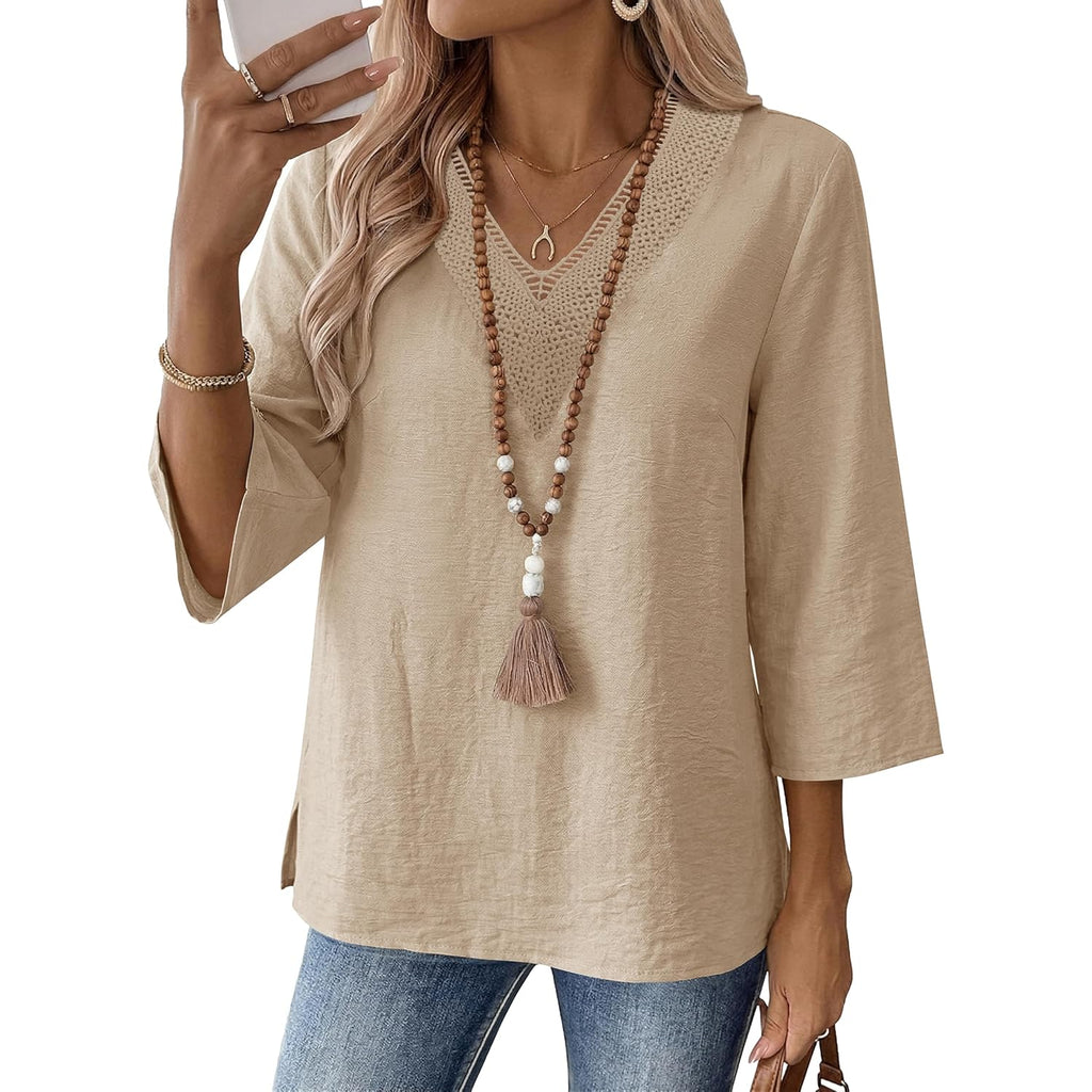 Women's Boho Lace V-Neck Tunic Top Light Khaki