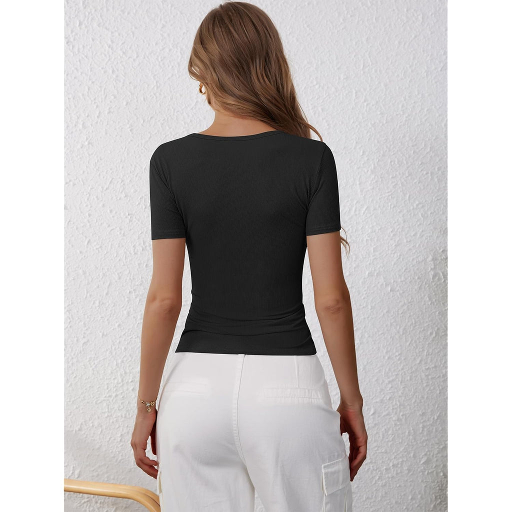 ANRABESS Womens Short Sleeve Henley Shirts Ribbed Slim Fitted Tee Summer Work Tops 2026 Button Blouse Spring Vacation Clothes