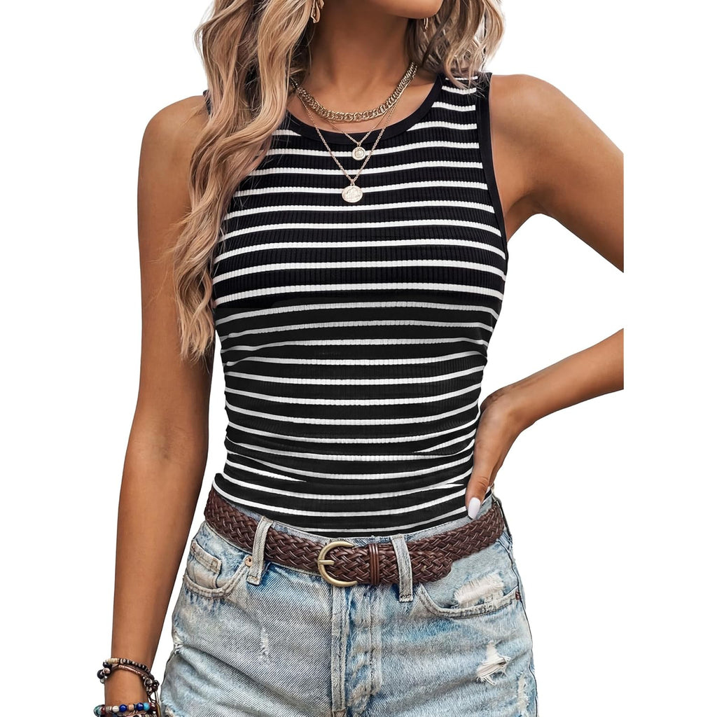 Women's Side Ruched Ribbed Tank Top Black/White