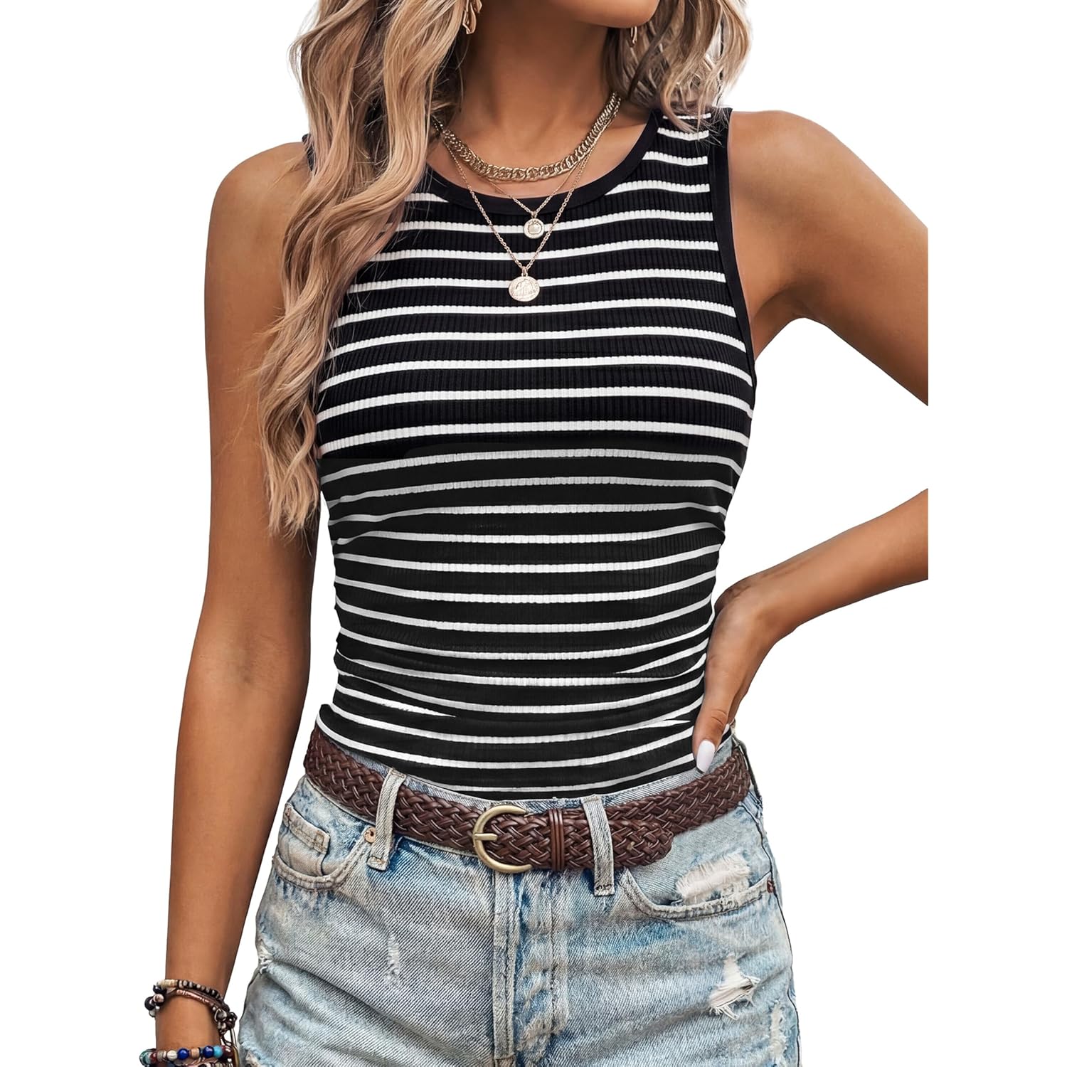 Women's Side Ruched Ribbed Tank Top Black/White