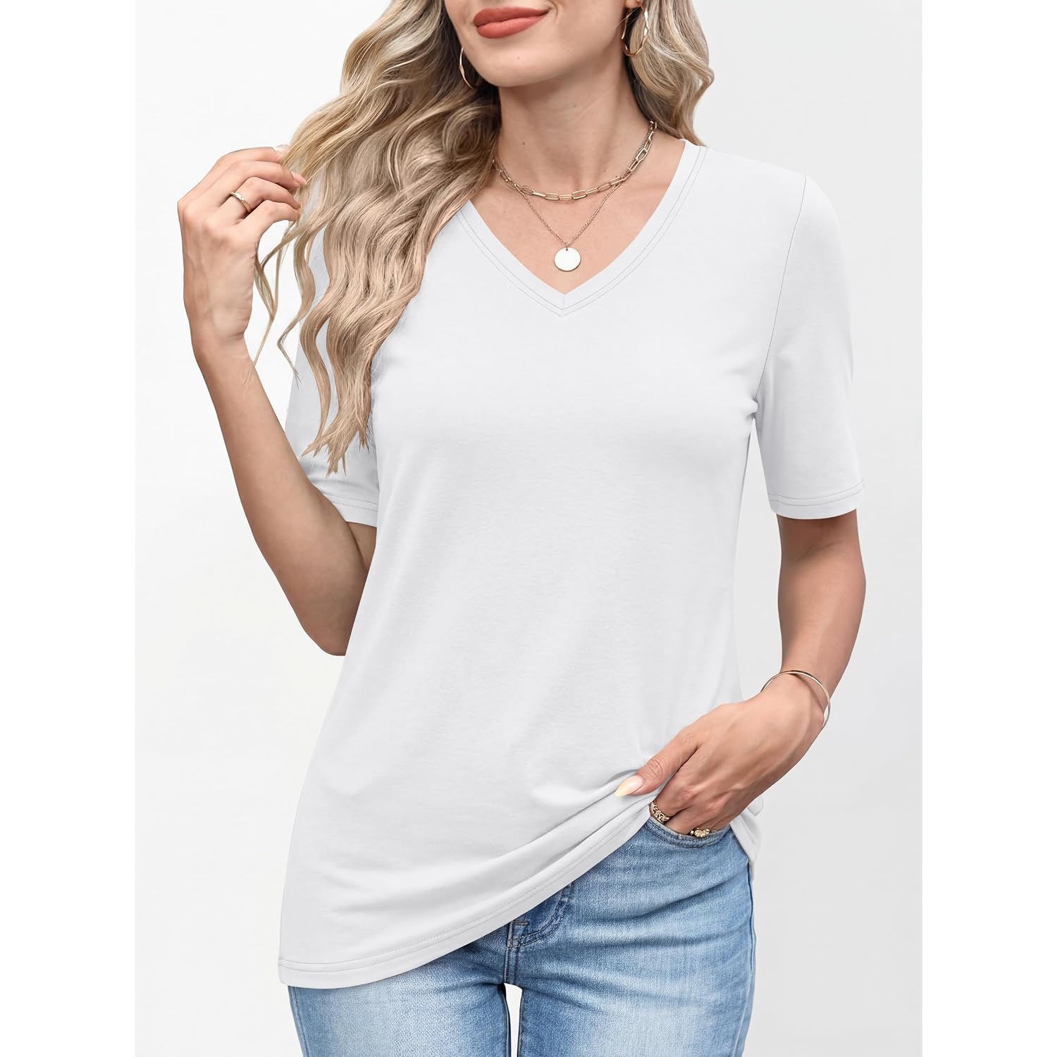 ANRABESS Womens Half Sleeve V Neck T Shirts, Fitted Comfy Fabric, Cozy for Daily, Office, Business, Versatile Summer Outfits
