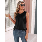 Women's Pleated Satin Crew Neck Tank Top Black