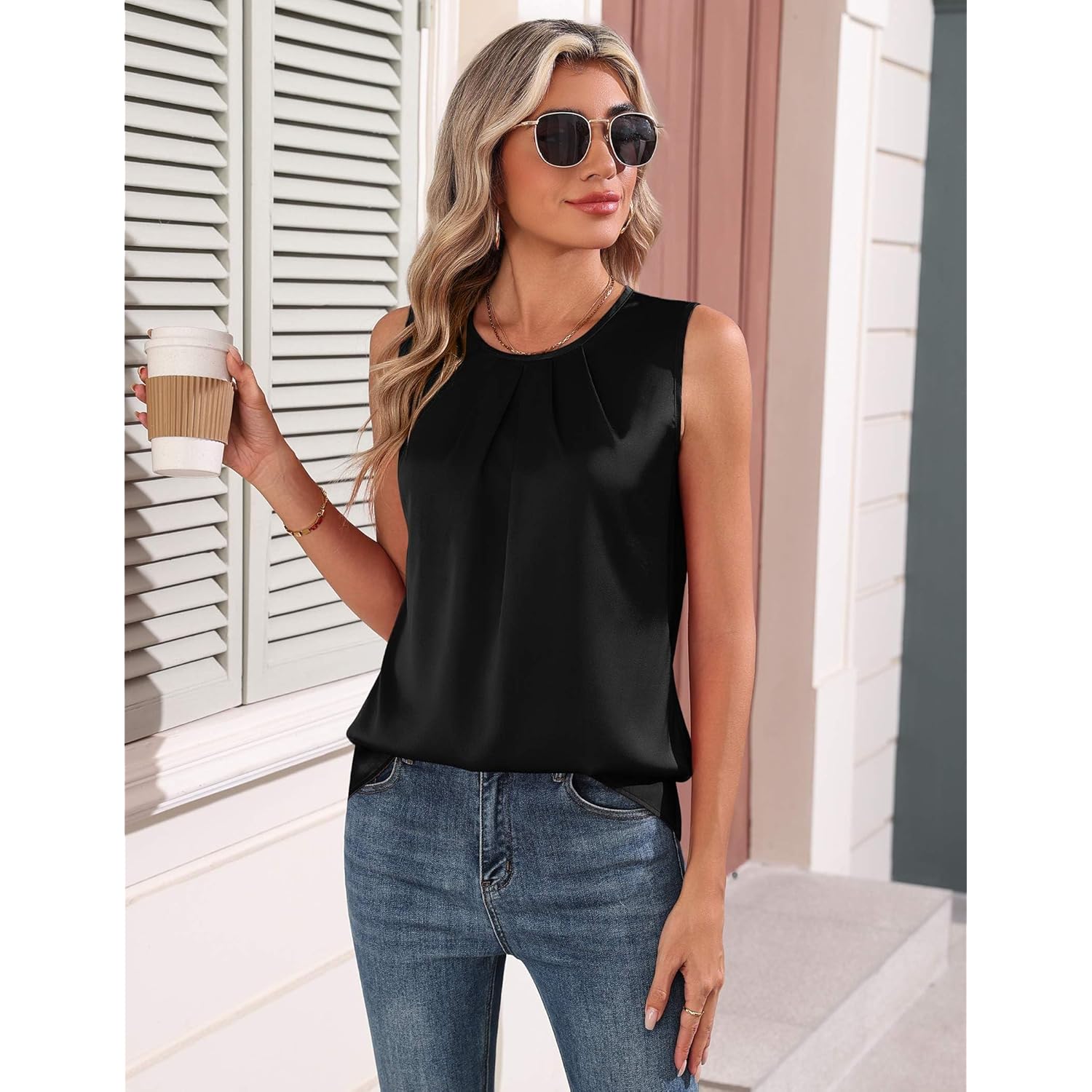 Women's Pleated Satin Crew Neck Tank Top Black
