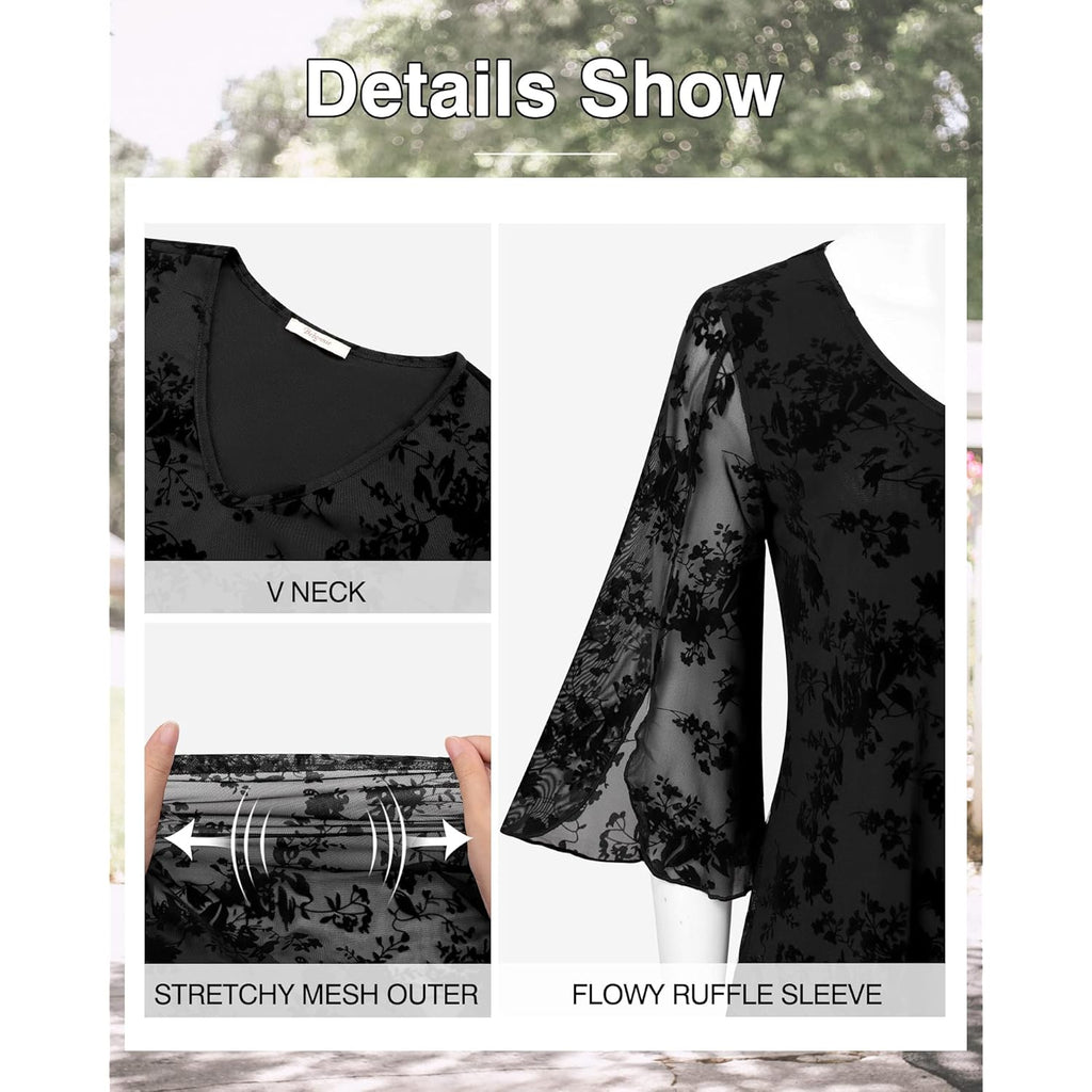 Women's Double Layer Mesh Tunic Top Black Floral