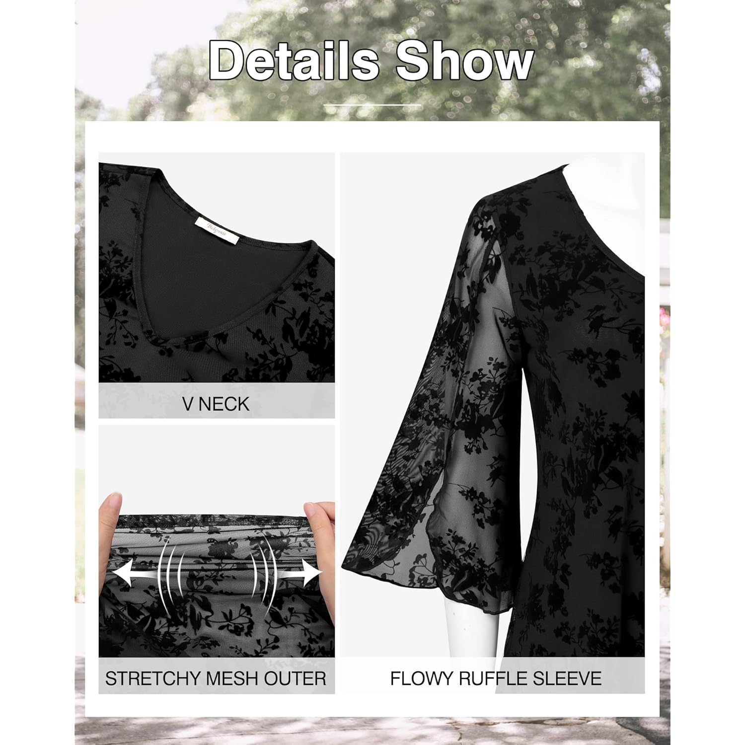 Women's Double Layer Mesh Tunic Top Black Floral